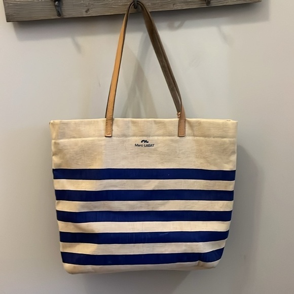 Marc Lamar Canvas Tote Bag Leather Handles & Trim Striped Zipper Top Jute Tassel - Picture 3 of 9